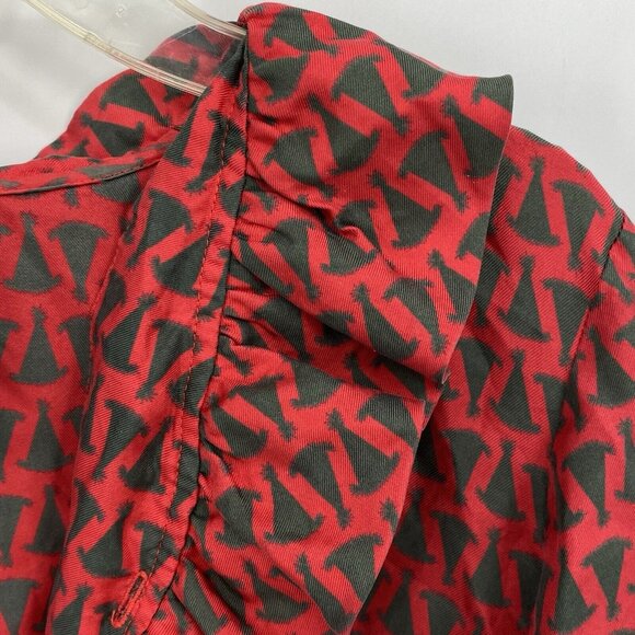 Elizabeth McKay Ruffle Neck Silk Blouse Red Party Hat Print Long Sleeve Size 2 - Picture 2 of 5